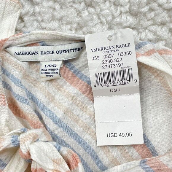American Eagle Striped Ruffled Romper Lined Blue Pink NEW - Picture 5 of 12